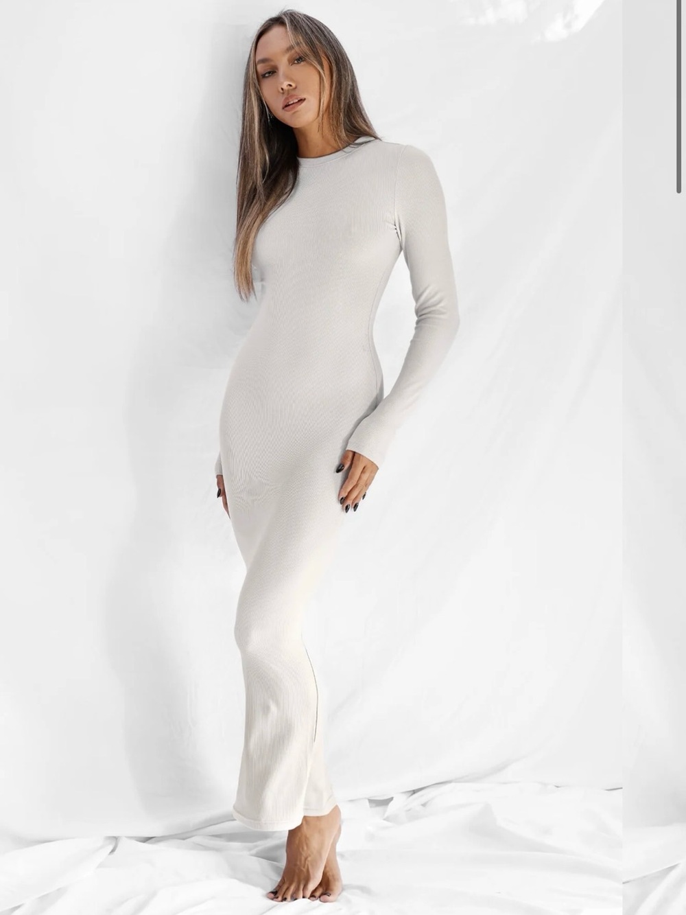 All Things Golden Luxe Rib Maxi Dress XS Stone Ivory Long Sleeve Bodycon